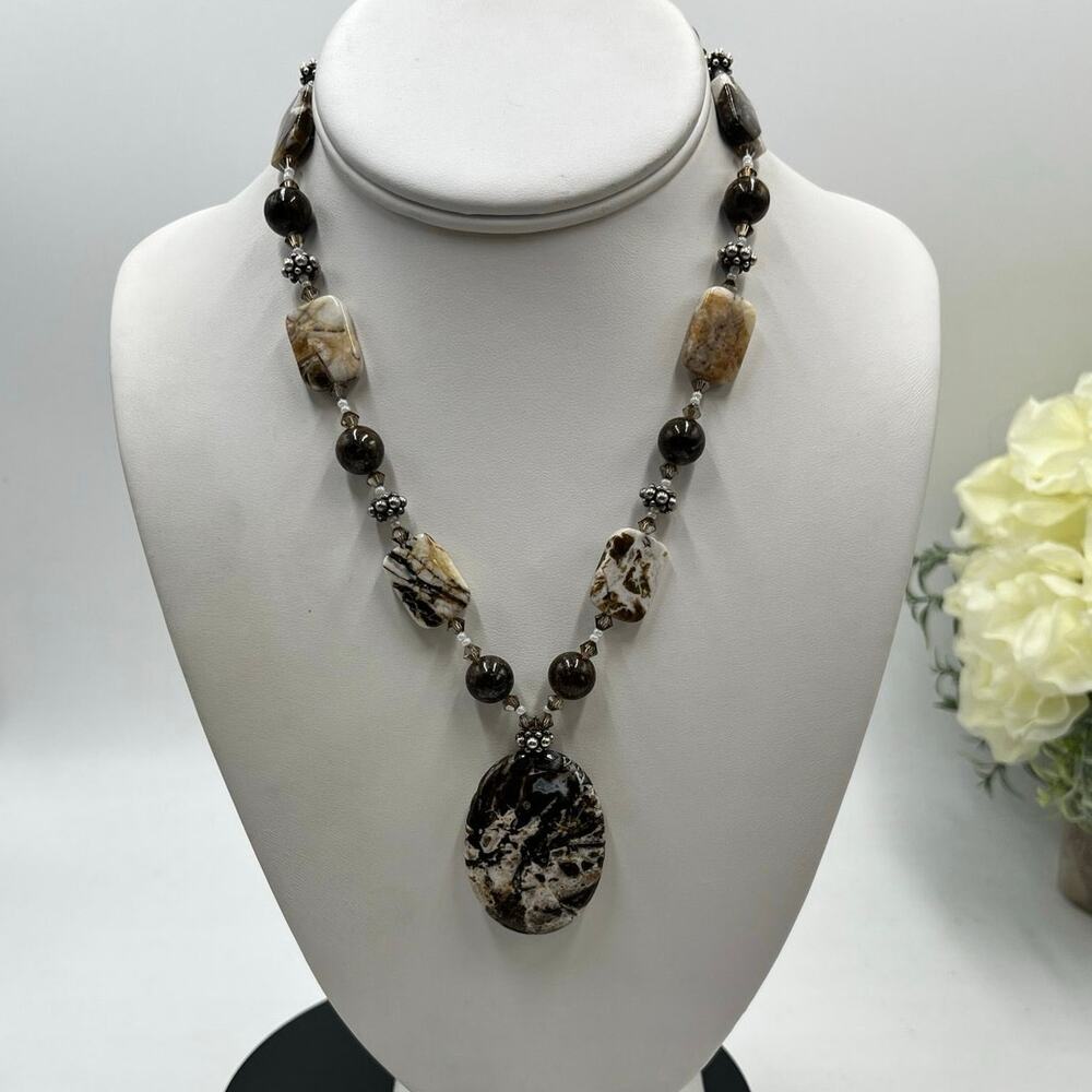 Artisan made Sterling Agate Browns,‎ Cream, Tans, Crystal Bronzite  
necklace